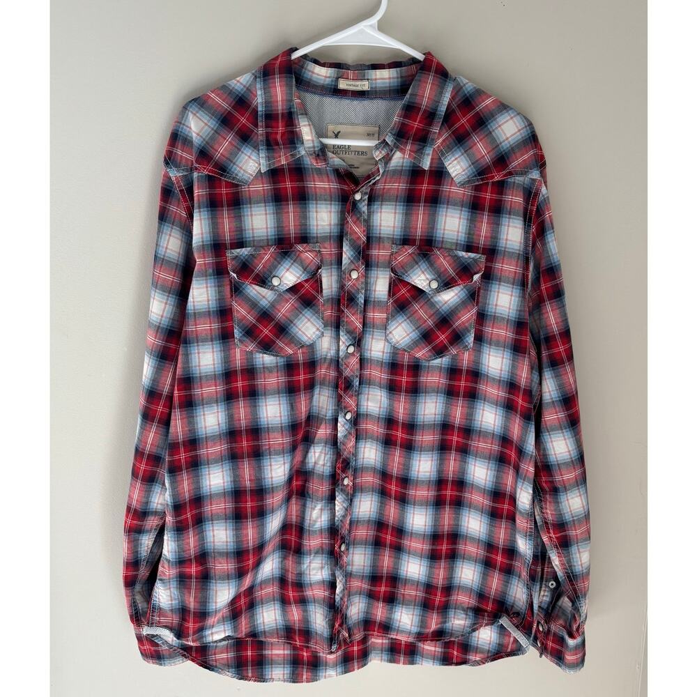 American Eagle Outfitters Men's Red Plaid Pearl Snap Western Cowboy Shirt XL